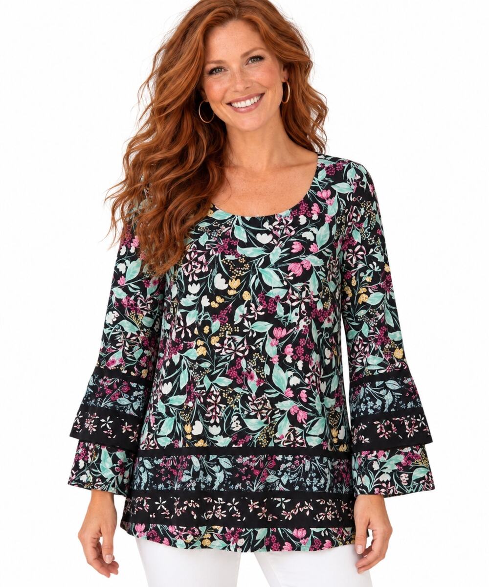 Style & Co Floral Top Womens XL Black Multicolor Bell Sleeve Boho Tiered Blouse